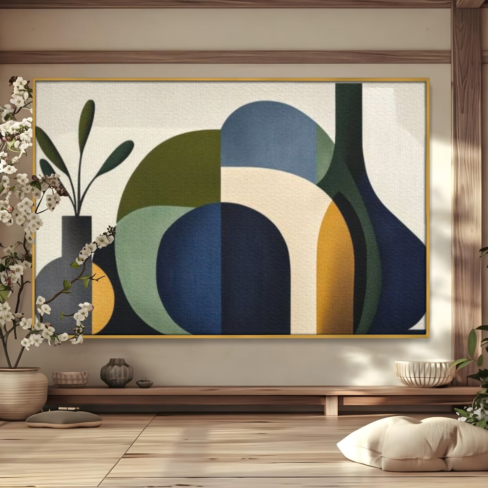 Tablou canvas cu tablou canvas cu forme geometrice si vaze, in rama de aluminiu auriu